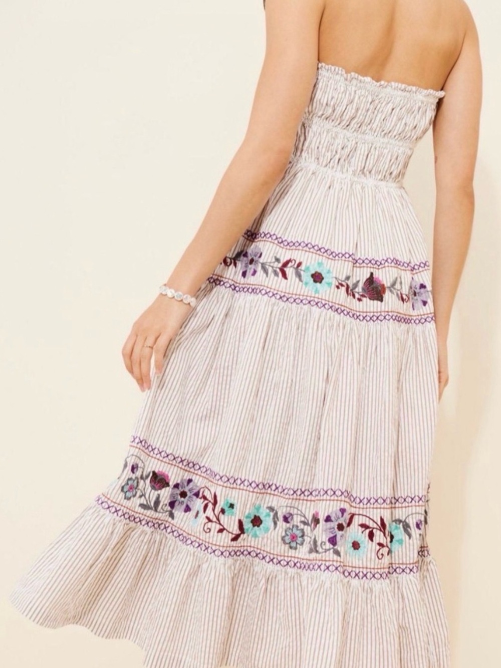 Striped Strapless Embroidered Maxi Dress - White with Multi Floral